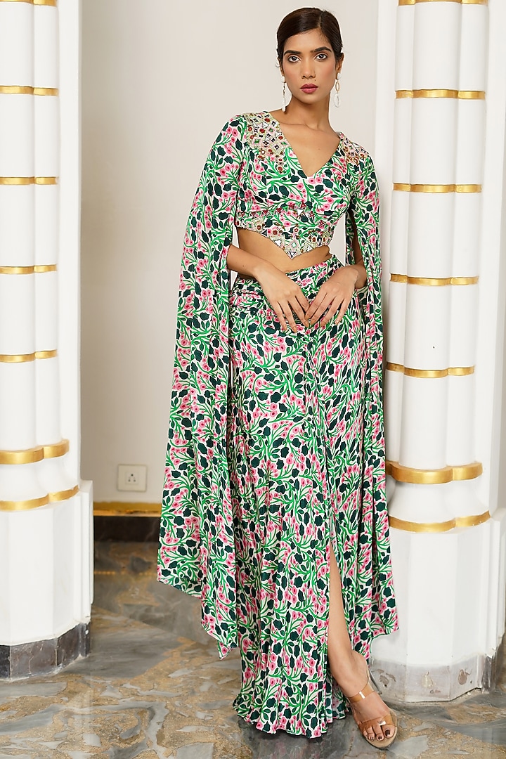 Green Heavy Crepe Printed Skirt Set by AHI CLOTHING at Pernia's Pop Up Shop