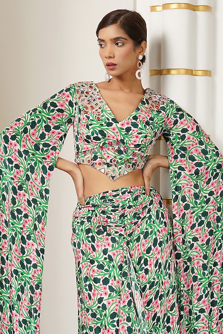 Green Heavy Crepe Printed Skirt Set by AHI CLOTHING at Pernia's Pop Up Shop