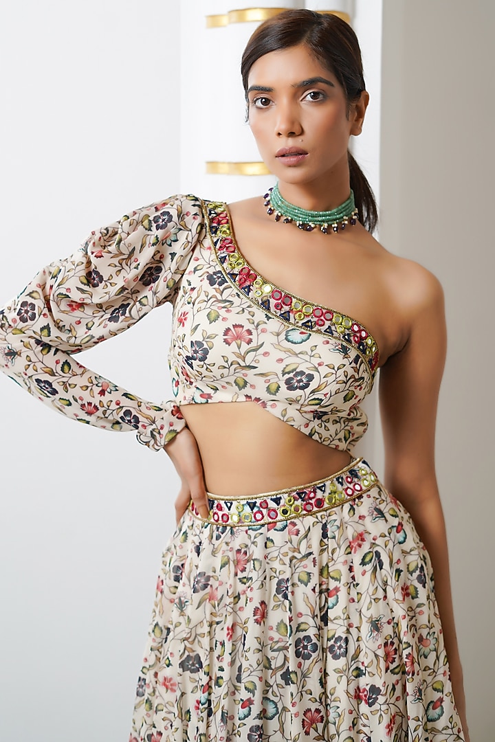 Cream Heavy Georgette Printed kali Wedding Lehenga Set by AHI CLOTHING at Pernia's Pop Up Shop