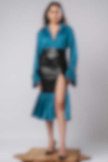 Deep Teal Blue & Black Vegan Leather Skirt Set by AHI CLOTHING at Pernia's Pop Up Shop