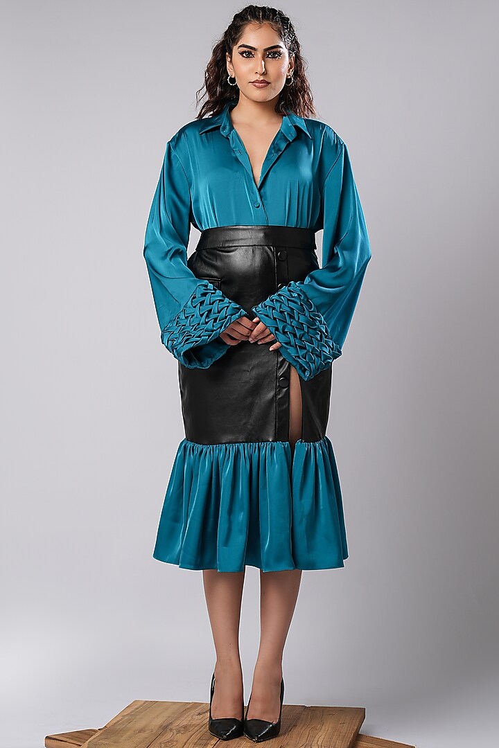 Deep Teal Blue & Black Vegan Leather Skirt Set by AHI CLOTHING at Pernia's Pop Up Shop
