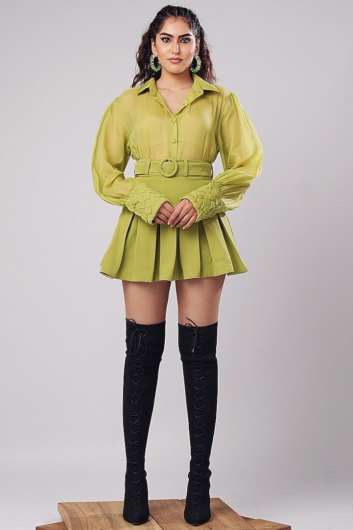 Lime Green Imported Luxury Crepe Pleated Mini Skirt Set by AHI CLOTHING at Pernia's Pop Up Shop