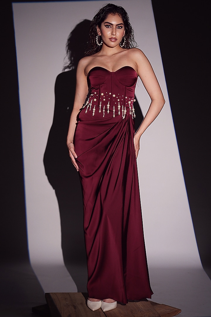 Burgundy Imported Satin Drape Skirt Set by AHI CLOTHING at Pernia's Pop Up Shop