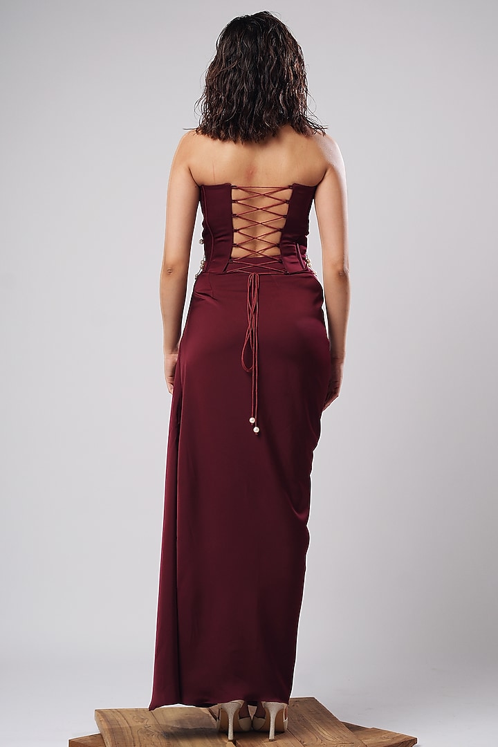 Burgundy Imported Satin Drape Skirt Set by AHI CLOTHING at Pernia's Pop Up Shop