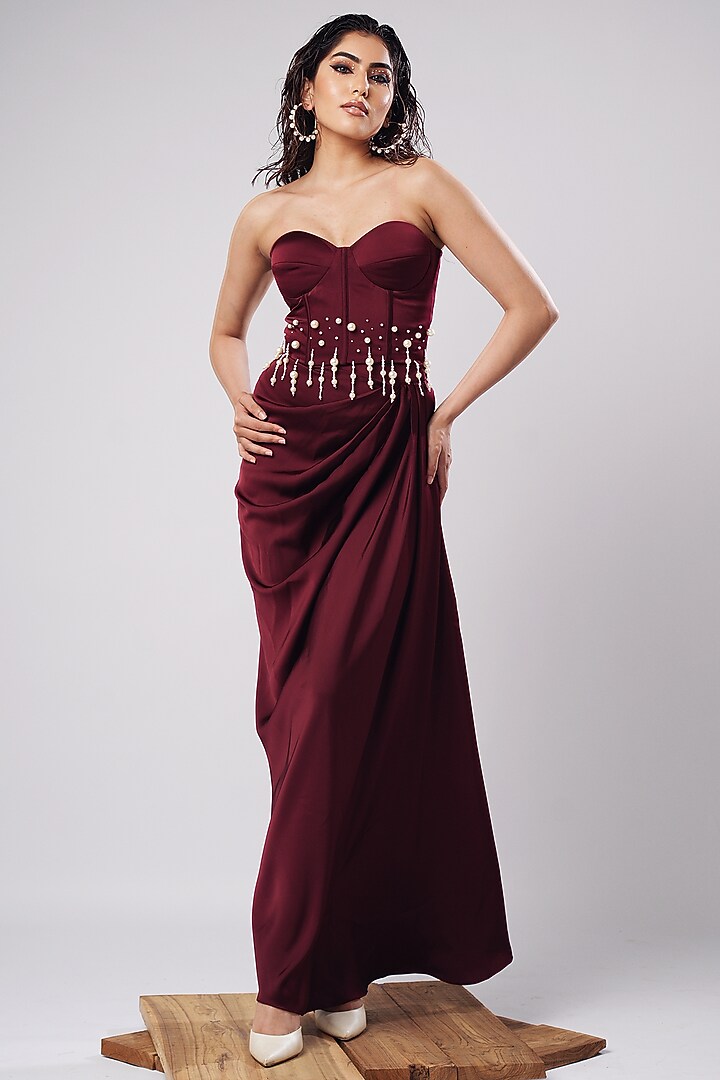 Burgundy Imported Satin Drape Skirt Set by AHI CLOTHING at Pernia's Pop Up Shop