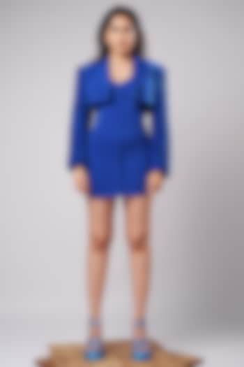 Cobalt Blue Imported Luxury Crepe Mini Vacation Dress With Jacket by AHI CLOTHING at Pernia's Pop Up Shop