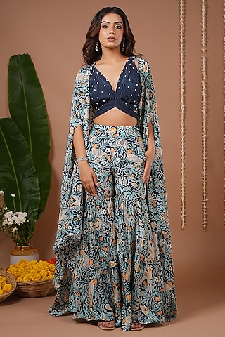 Multi-Colored Crepe Floral Printed Sharara Set by AHI CLOTHING