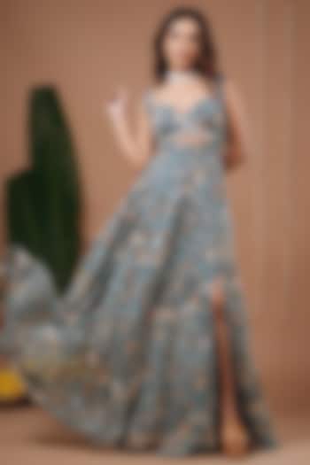 Navy Blue Georgette Floral Printed Maxi Vacation Dress by AHI CLOTHING at Pernia's Pop Up Shop