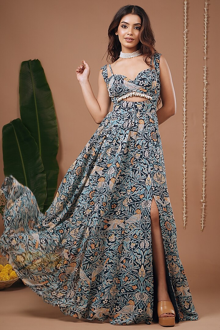 Navy Blue Georgette Floral Printed Maxi Vacation Dress by AHI CLOTHING at Pernia's Pop Up Shop