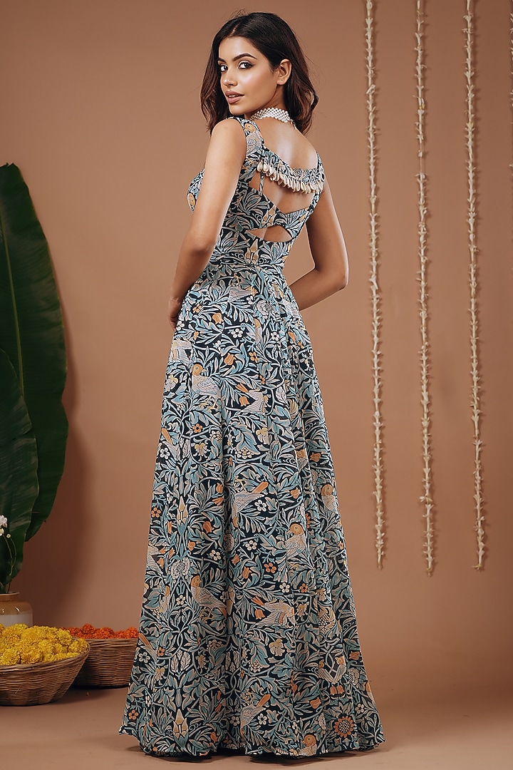 Navy Blue Georgette Floral Printed Maxi Vacation Dress by AHI CLOTHING at Pernia's Pop Up Shop