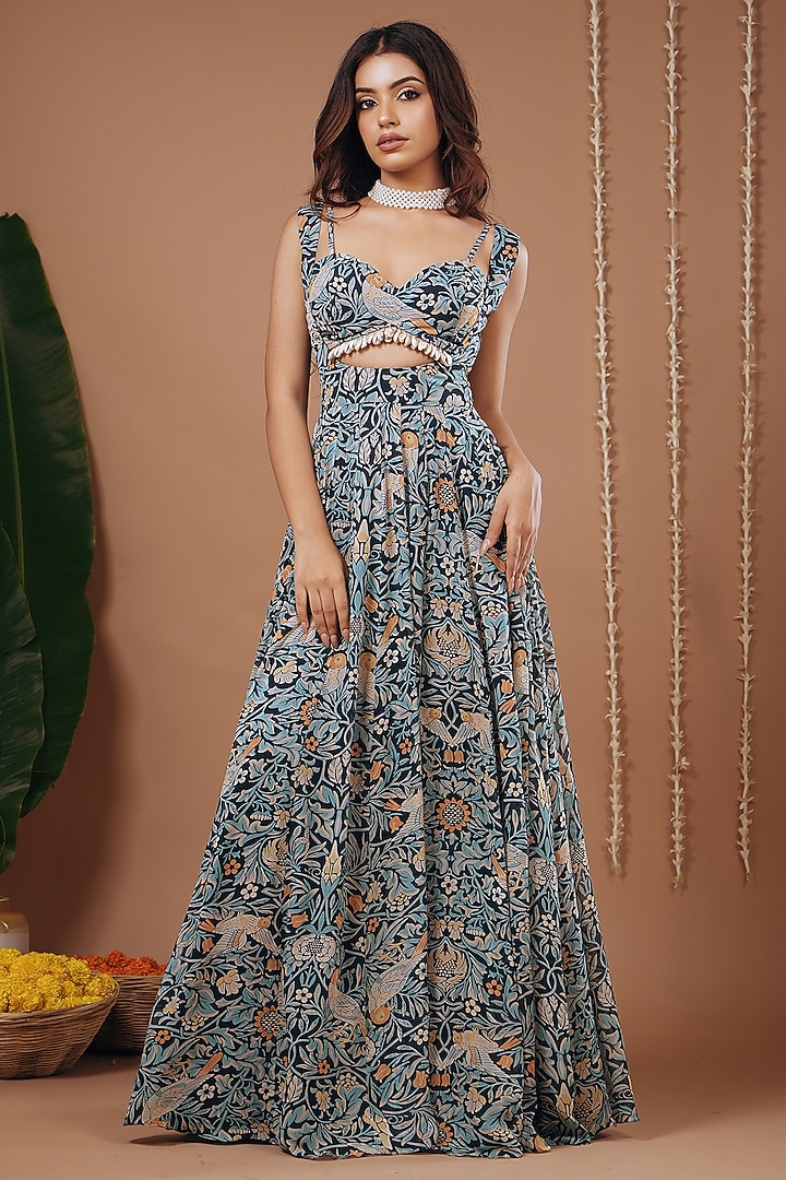 Navy Blue Georgette Floral Printed Maxi Vacation Dress by AHI CLOTHING at Pernia's Pop Up Shop