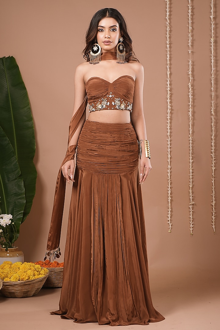 Brown Heavy Crepe Ruched Pleated Skirt Set by AHI CLOTHING at Pernia's Pop Up Shop