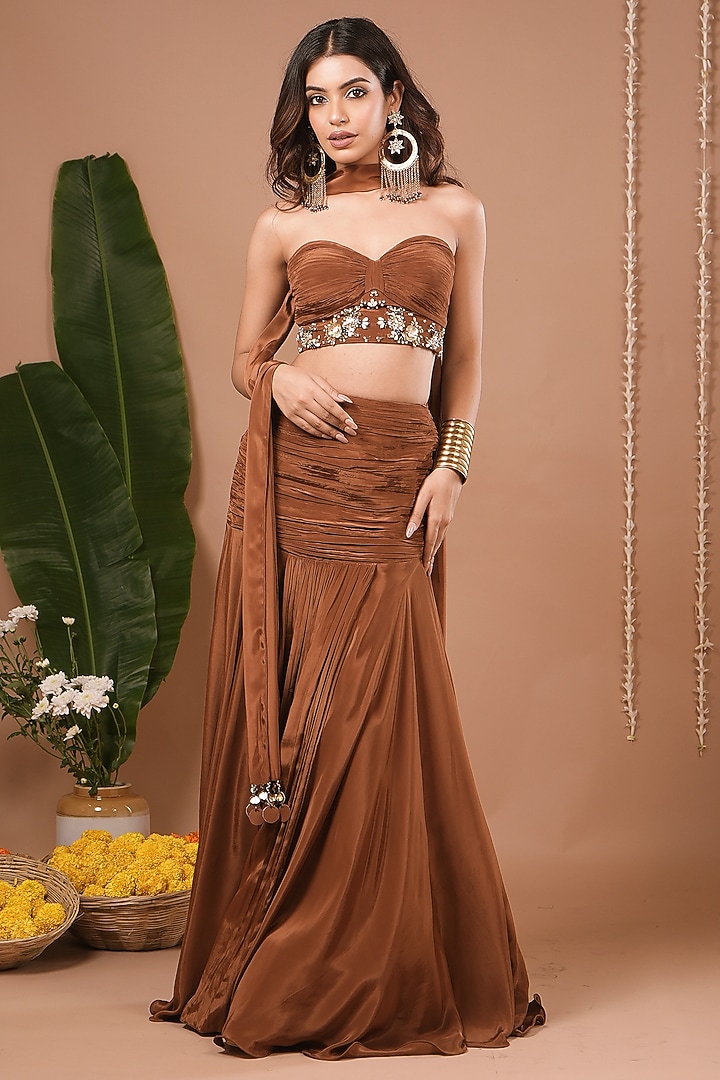 Brown Heavy Crepe Ruched Pleated Skirt Set by AHI CLOTHING at Pernia's Pop Up Shop