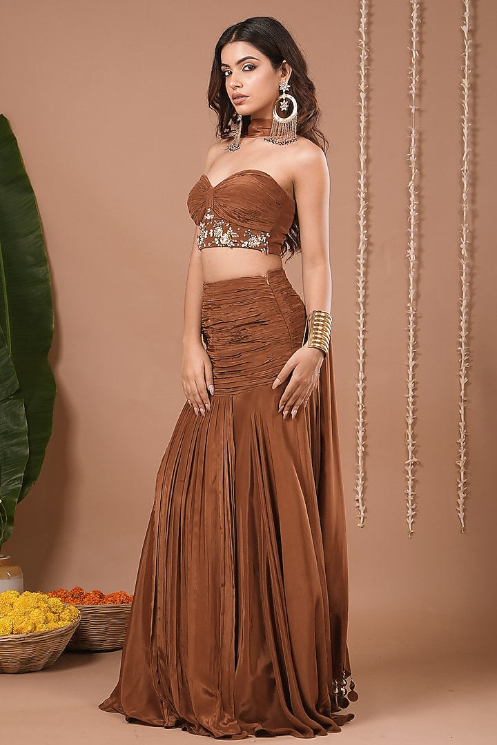 Brown Heavy Crepe Ruched Pleated Skirt Set by AHI CLOTHING at Pernia's Pop Up Shop