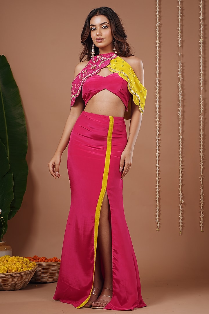 Hot Pink Heavy Crepe Slit Skirt Set by AHI CLOTHING at Pernia's Pop Up Shop