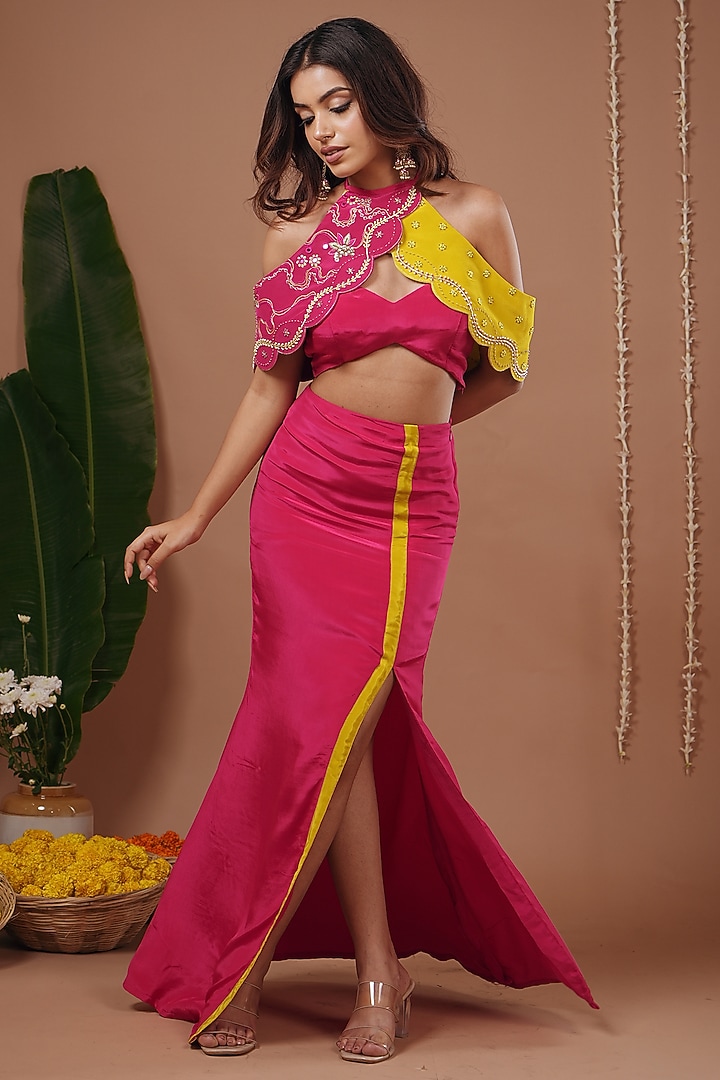 Hot Pink Heavy Crepe Slit Skirt Set by AHI CLOTHING at Pernia's Pop Up Shop