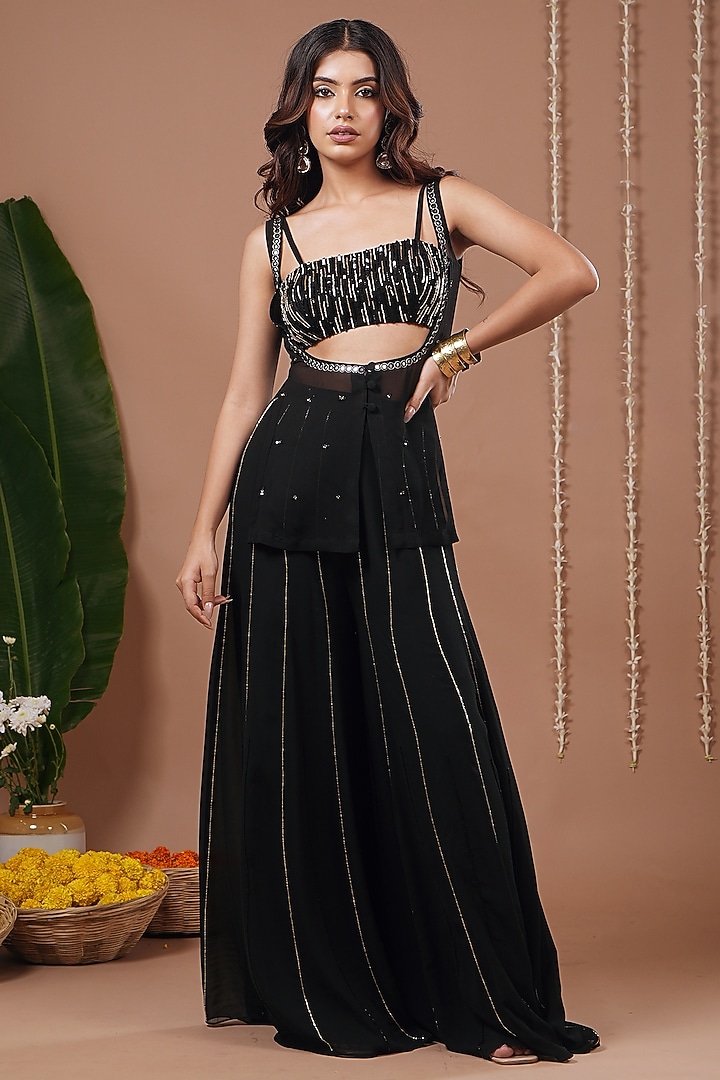 Black Heavy Georgette Palazzo Pant Set by AHI CLOTHING at Pernia's Pop Up Shop