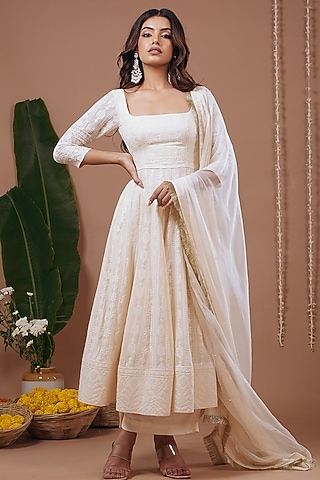 Ivory Chikankari Anarkali Set by AHI CLOTHING