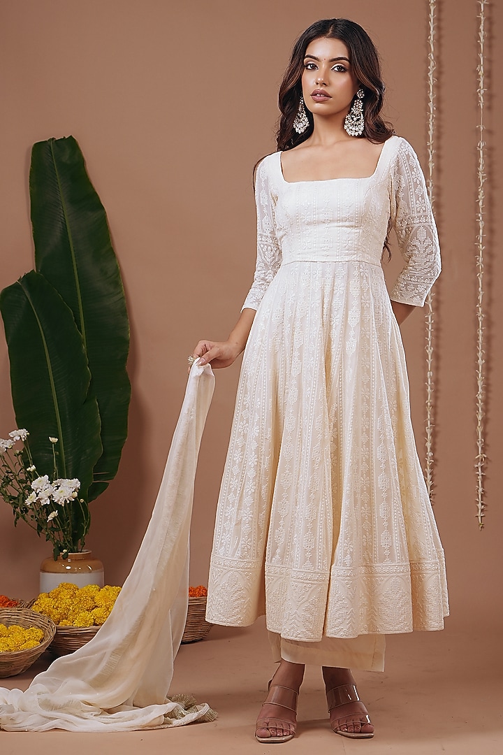 Ivory Chikankari Wedding Anarkali Set by AHI CLOTHING at Pernia's Pop Up Shop