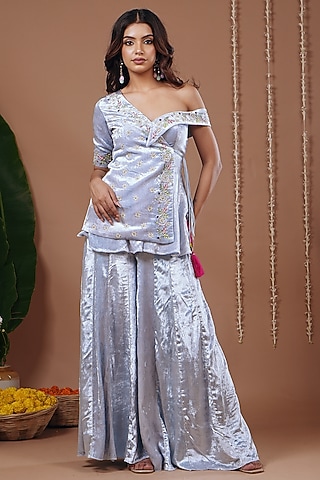 Sky Blue Velvet Flared Kali Palazzo Pant Set by AHI CLOTHING