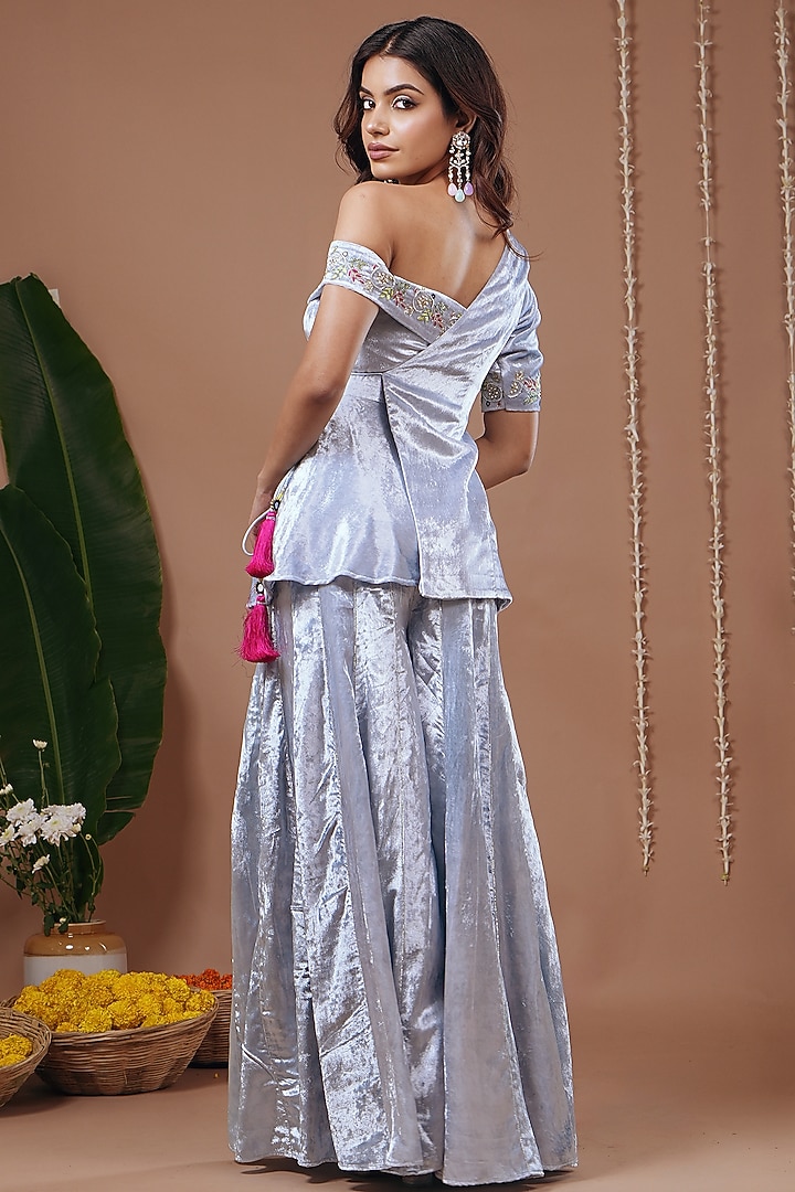 Sky Blue Velvet Flared Kali Palazzo Pant Set by AHI CLOTHING at Pernia's Pop Up Shop