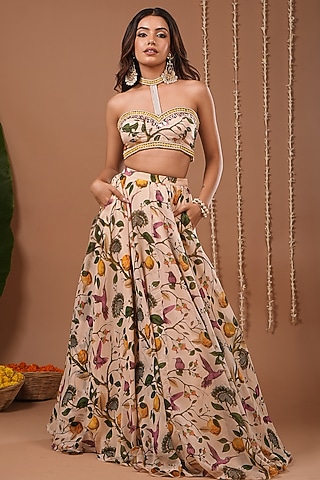 Cream Organza Digital Printed Lehenga Set by AHI CLOTHING