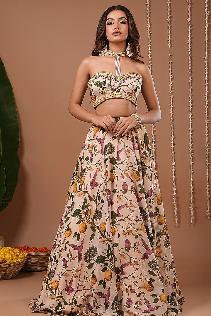 Cream Organza Digital Printed Wedding Lehenga Set by AHI CLOTHING at Pernia's Pop Up Shop
