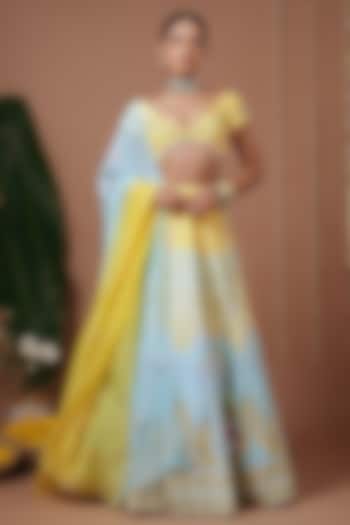 Yellow & Firozi Natural Crepe Digital Printed Flared Wedding Lehenga Set by AHI CLOTHING at Pernia's Pop Up Shop