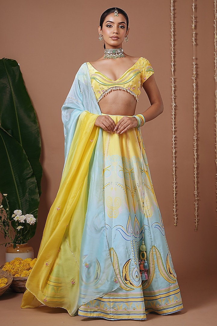 Yellow & Firozi Natural Crepe Digital Printed Flared Wedding Lehenga Set by AHI CLOTHING at Pernia's Pop Up Shop