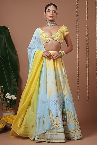 Yellow & Firozi Natural Crepe Digital Printed Flared Lehenga Set by AHI CLOTHING