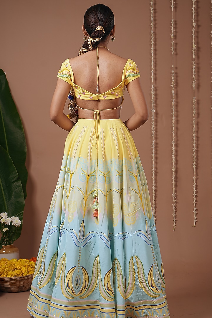 Yellow & Firozi Natural Crepe Digital Printed Flared Wedding Lehenga Set by AHI CLOTHING at Pernia's Pop Up Shop