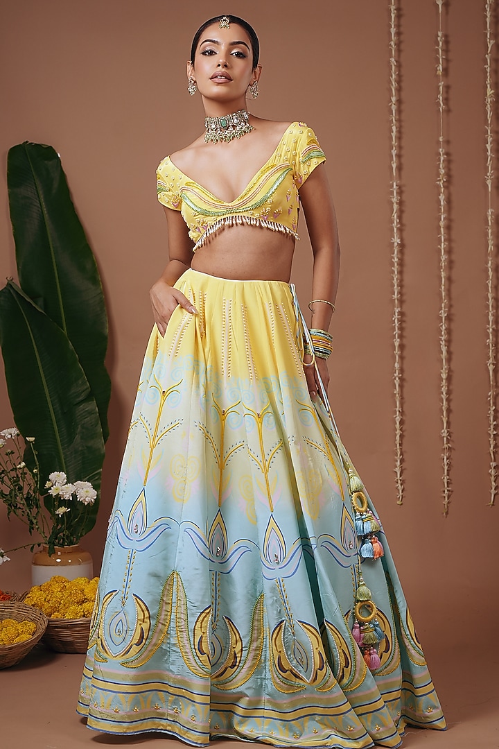 Yellow & Firozi Natural Crepe Digital Printed Flared Wedding Lehenga Set by AHI CLOTHING at Pernia's Pop Up Shop