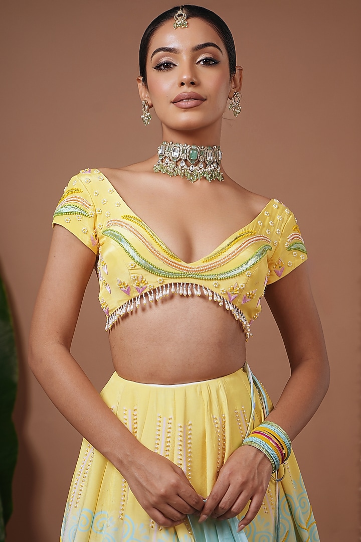 Yellow & Firozi Natural Crepe Digital Printed Flared Wedding Lehenga Set by AHI CLOTHING at Pernia's Pop Up Shop