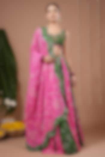 Green & Pink Heavy Georgette Digital Printed Kalidar Wedding Lehenga Set by AHI CLOTHING at Pernia's Pop Up Shop