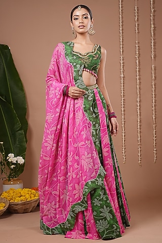 Green & Pink Heavy Georgette Digital Printed Kalidar Lehenga Set by AHI CLOTHING