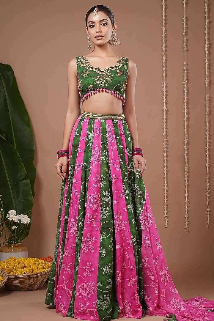 Green & Pink Heavy Georgette Digital Printed Kalidar Wedding Lehenga Set by AHI CLOTHING at Pernia's Pop Up Shop