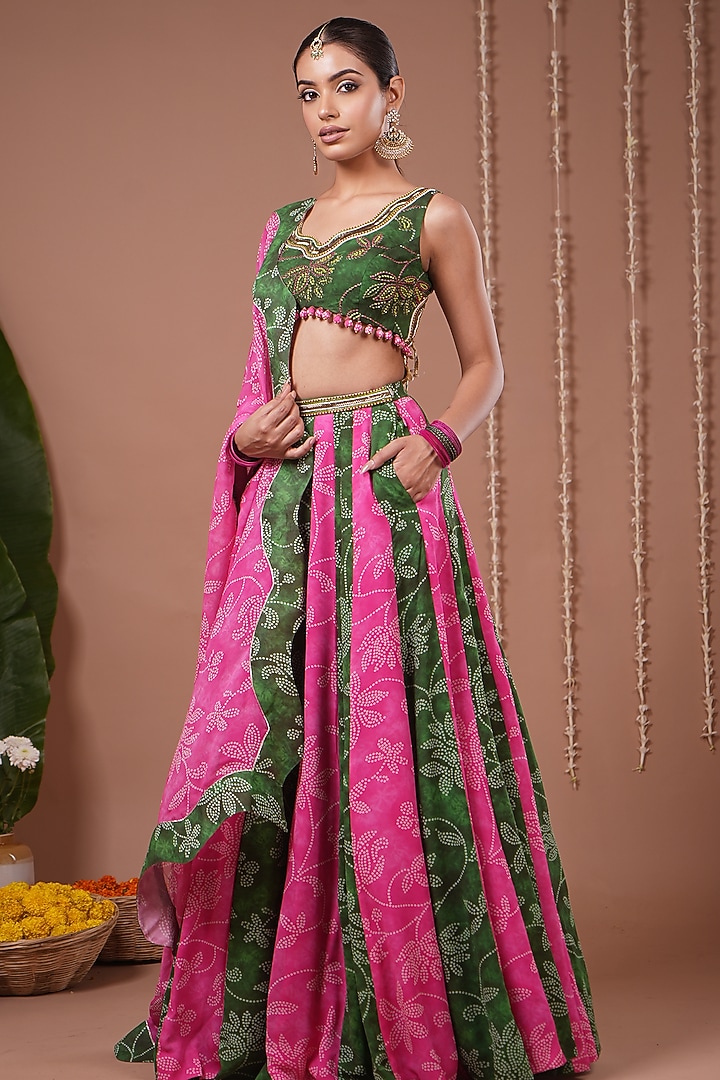 Green & Pink Heavy Georgette Digital Printed Kalidar Wedding Lehenga Set by AHI CLOTHING at Pernia's Pop Up Shop