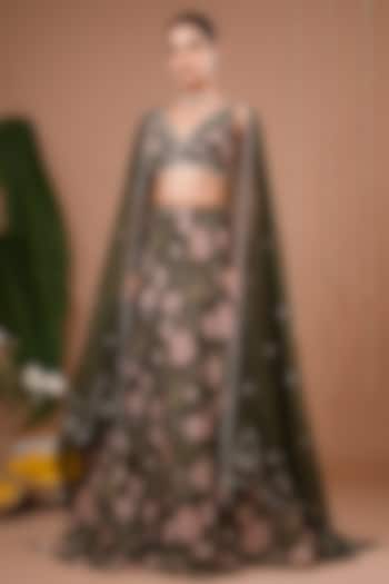 Olive Green Organza Floral Printed Wedding Lehenga Set by AHI CLOTHING at Pernia's Pop Up Shop