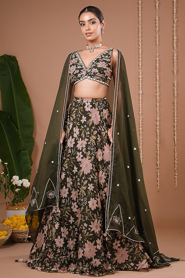 Olive Green Organza Floral Printed Wedding Lehenga Set by AHI CLOTHING at Pernia's Pop Up Shop