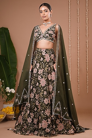 Olive Green Organza Floral Printed Lehenga Set by AHI CLOTHING