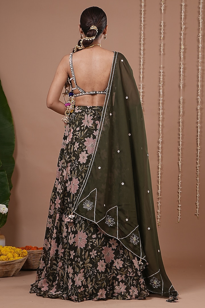 Olive Green Organza Floral Printed Wedding Lehenga Set by AHI CLOTHING at Pernia's Pop Up Shop