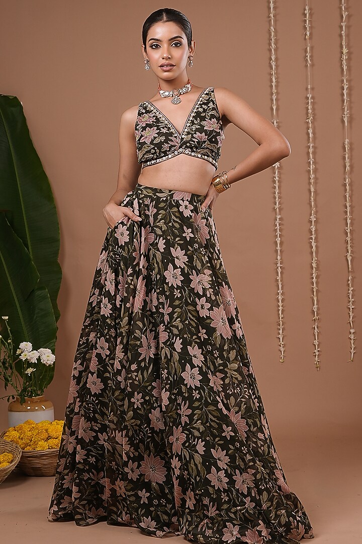 Olive Green Organza Floral Printed Wedding Lehenga Set by AHI CLOTHING at Pernia's Pop Up Shop