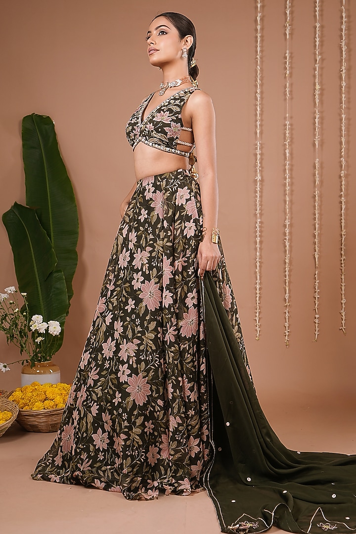 Olive Green Organza Floral Printed Wedding Lehenga Set by AHI CLOTHING at Pernia's Pop Up Shop