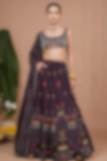 Dark Purple Natural Crepe Motif & Sequin Embroidered Flared Wedding Lehenga Set by AHI CLOTHING at Pernia's Pop Up Shop
