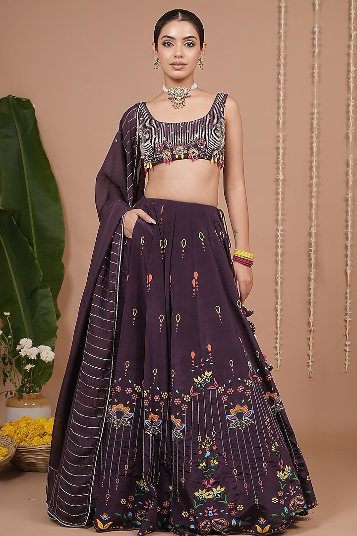 Dark Purple Natural Crepe Motif & Sequin Embroidered Flared Wedding Lehenga Set by AHI CLOTHING at Pernia's Pop Up Shop