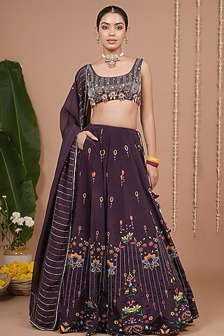 Dark Purple Natural Crepe Motif & Sequin Embroidered Flared Lehenga Set by AHI CLOTHING