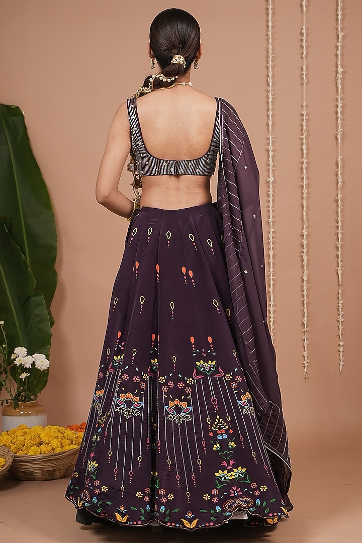 Dark Purple Natural Crepe Motif & Sequin Embroidered Flared Wedding Lehenga Set by AHI CLOTHING at Pernia's Pop Up Shop