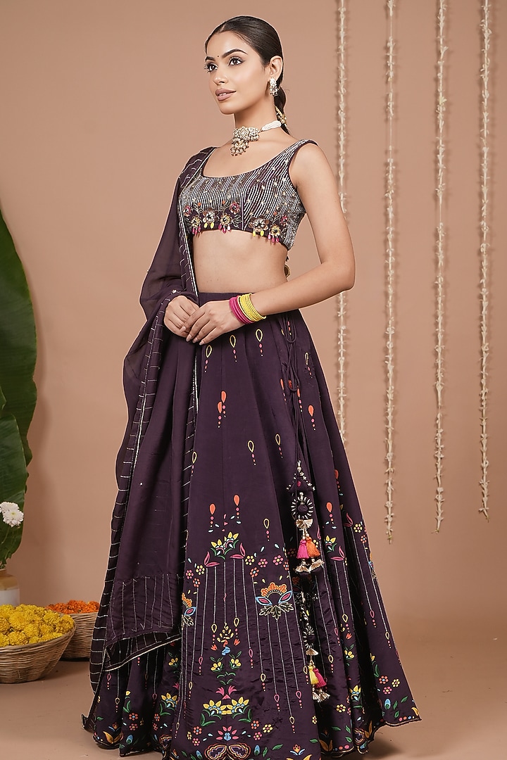 Dark Purple Natural Crepe Motif & Sequin Embroidered Flared Wedding Lehenga Set by AHI CLOTHING at Pernia's Pop Up Shop