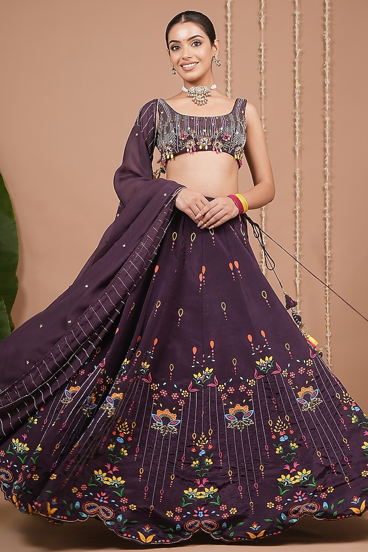 Dark Purple Natural Crepe Motif & Sequin Embroidered Flared Wedding Lehenga Set by AHI CLOTHING at Pernia's Pop Up Shop