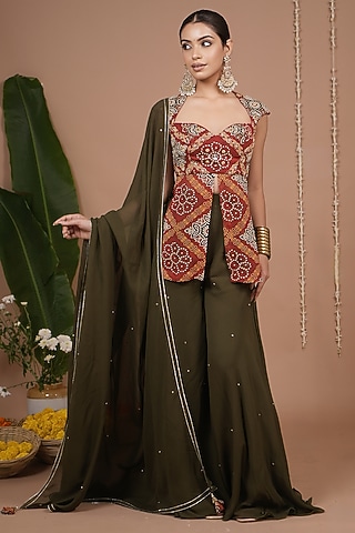 Green Georgette Palazzo Pant Set by AHI CLOTHING